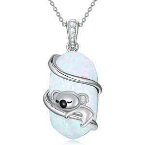 Sterling Silver Opal Koala Animal Pendant Necklace for Women, 18 Inch Chain